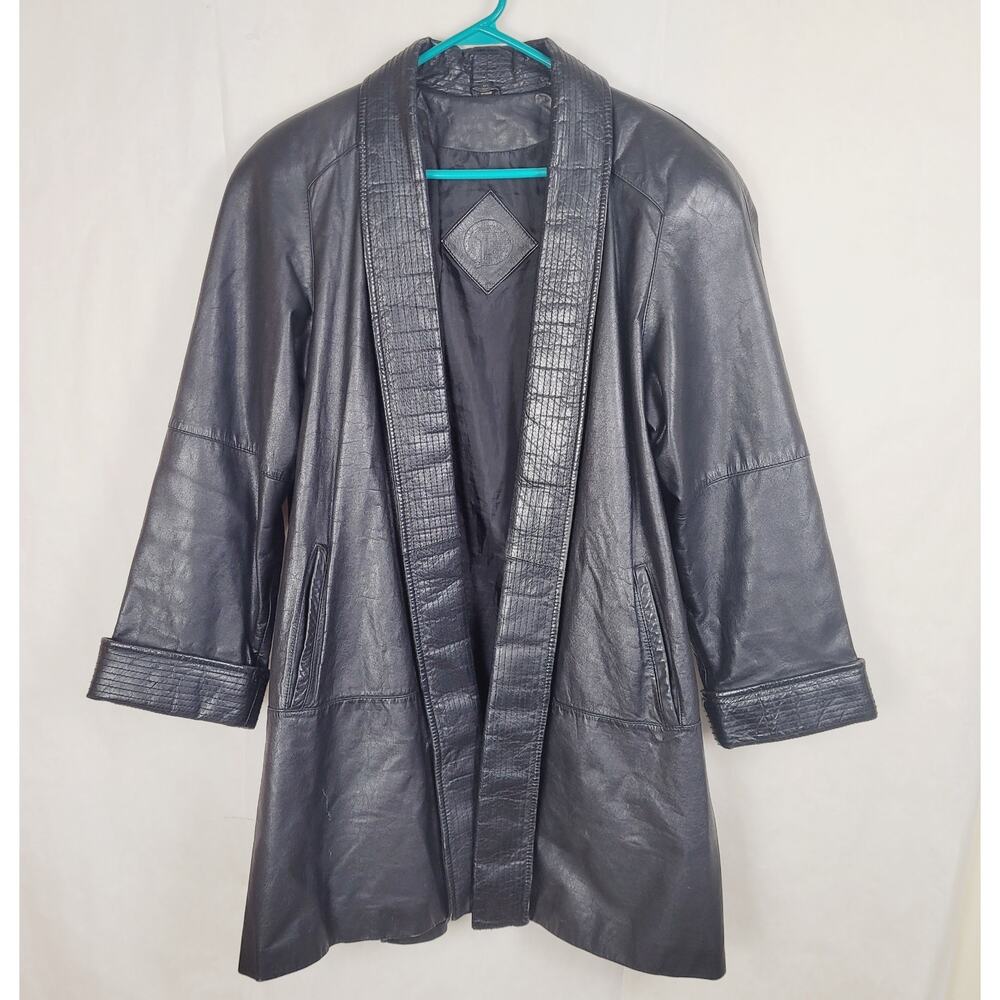 Vintage J Ferrar black kimono style open front leather coat size 10 womens Luxe
